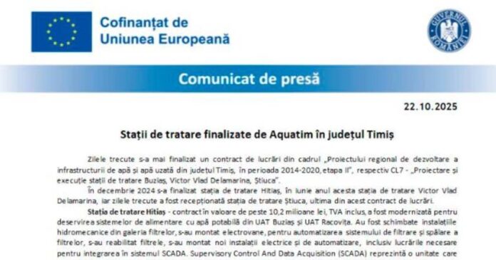 Stațiile de tratare finalizate de Aquatim în Timiș